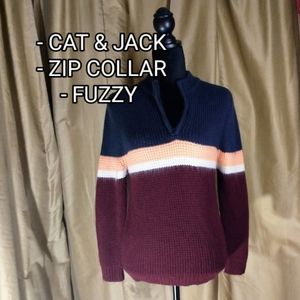 Cat & Jack Blue and Burgundy Striped Half Zip Sweater. Size 12/14